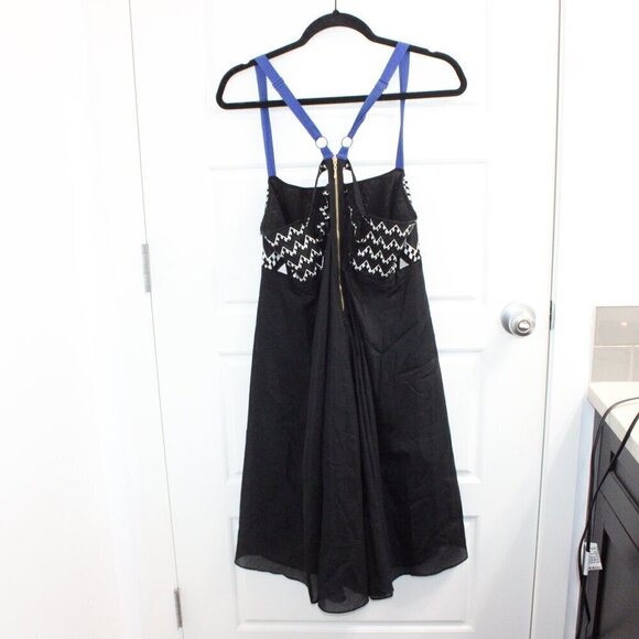 Anthropologie Leifnotes Dress Size 14 Black Blue White Sheath Empire Waist Midi - Picture 3 of 4